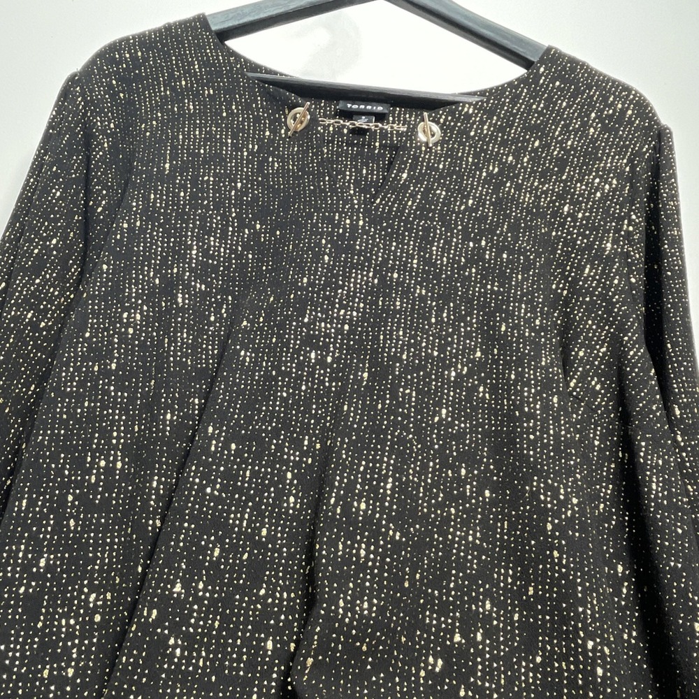 Torrid Womens Black & Gold Flecks Size 3 Blouse 3/4 Sleeve Gold Chain Detail EUC